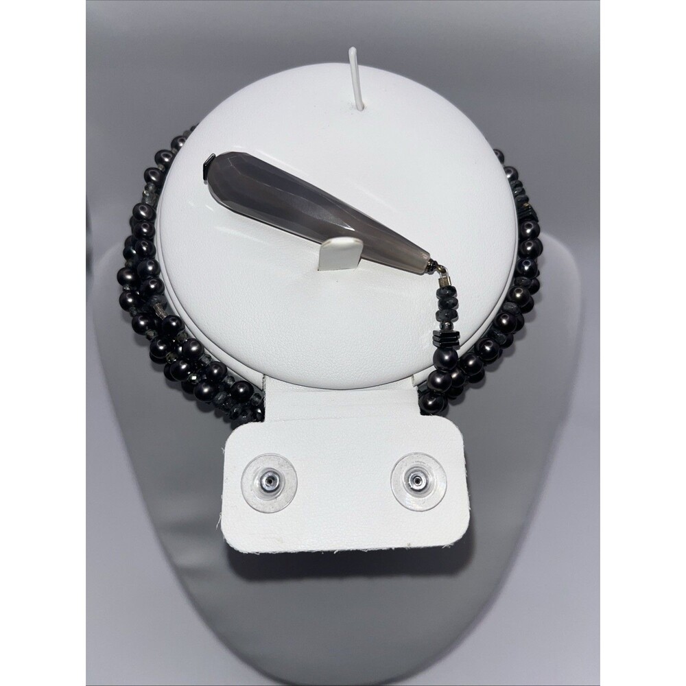 Grey Agate Pearl And Quartz Tassel Teardrop Wrap Necklace Gorgeous Rare HTF
